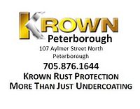 Photo shows Krown Rust Protection business logo and contact information including phone number, address, and tagline emphasizing rust control service superior to standard undercoating.