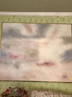 Large abstract painting by Lee Reynolds with soft pastel colors, signed lower right, framed in gold tone frame, size 48x60.