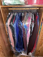 Wooden wardrobe with approximately 17 women’s garments on hangers in plastic dry-clean covers