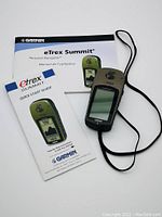 Photo of the Garmin eTrex Summit GPS device with attached lanyard, alongside the Quick Start Guide and User Manual.