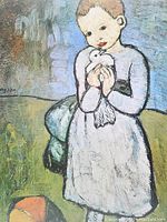 Close-up of the print showing the child holding a white dove with a green and blue background.