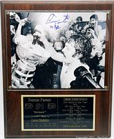 Frontal view of the entire wood plaque showing the autographed photo of Bernie Parent and the career achievements plaque below.