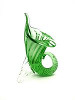 Green and clear glass twisted cornucopia vase detailed side view showing swirling pattern and curled horn-shaped base