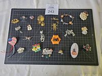 Full layout of all vintage jewelry and pin items on black grid mat, showing overall collection.