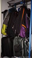 View showing two carryon roller bags and three backpacks hanging on hooks in closet.