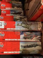 Five stacked Airfix kit boxes: Phantom FGR.2, Blackburn Buccaneer S.2C, Avro Vulcan B Mk2 MH558, Lightning F.6, Shackleton AEW.2
