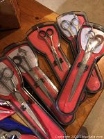 Professional dog grooming scissors in sealed red-backed plastic cases, multiple pairs.