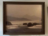 Framed sepia-toned photo of ocean waves with rocky formations in the foreground and distant hills in background, in a dark wood frame
