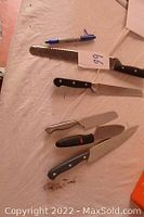 Photo showing all five cutting utensils arranged on table with pen for scale, includes serrated bread knife, chef's knife, utility knife, butter knife, and paring knife