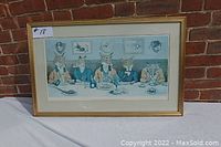 Full framed print showing five foxes in hunting garb around a breakfast table under framed hunting pictures on the wall.