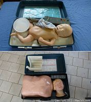Two Laerdal CPR training manikins positioned inside their hard carrying cases; baby manikin is nude with head resting sideways, adult torso manikin includes upper chest and head with a visible face.
