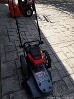 Front view showing entire trimmer with handle, engine housing and wheels