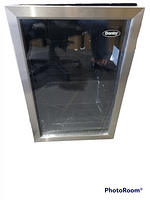 Front view of Danby mini fridge showing glass door with stainless steel trim and visible interior shelving.