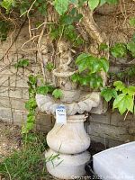 Garden angel fountain positioned outdoors next to a garden wall with ivy. Shows base and scalloped basin. Condition is weathered and damaged.