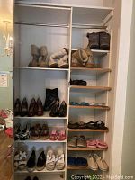 Image of shoes on shelves showing Ugg boots, dress shoes, casual shoes, and sandals arranged on shelves.