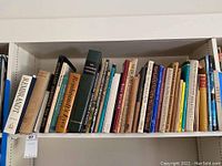 Photo of book collection on shelf showing various titles related to Rembrandt, art, and history