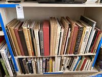 Shelf view of upper two shelves showing about 25 hardcover art and history books of varying sizes and publishers.