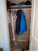 Closet with hanging outerwear including jackets, robes or dresses in protective plastic covers, and walking sticks standing vertically on the floor.