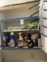 Closet shelf containing assorted laundry and cleaning supplies including Oxi Clean, Shout, Goo Gone, Gain detergent, and Scotchgard furniture care products.