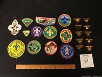 Full lot of 22 assorted Boy Scout and Girl Guides patches arranged on black fabric with ruler for size reference.