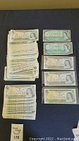 Stacks of one dollar bills on black fabric showing white and green notes