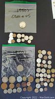 Photo of all coins laid out including two labeled baggies with 1950's Canadian and US coins, and various other coins spread out.