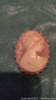 Front view of oval cameo pin brooch with detailed white carved profile of a woman on reddish-brown background.
