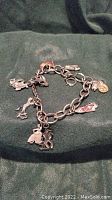 Full view of the silver-tone charm bracelet with various charms attached, showing the overall look and number of charms.