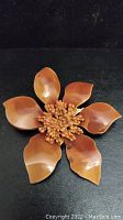 Front view of vintage flower-shaped brooch showing six curled brown-orange petals and textured central cluster