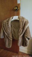 Full view of light brown/tan mink fur stole hanging on hanger, showing front shape and collar.