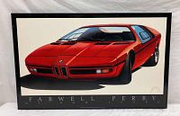 Full view of the framed 'Farewell Perry' BMW Turbo poster showing the car in red with signature at bottom right corner.