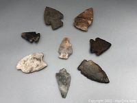 Seven assorted arrowheads arranged on a neutral surface showing variety in colors and shapes.
