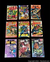 Lot of 9 vintage comics including The Incredible Hulk, Action Comics, Batman, Avengers, Sub-Mariner, and Star Trek arranged in three rows of three comics each on black background.