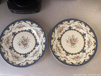 Pair of round Staffordshire decorative plates, both featuring central floral bouquets with ornate blue and gold borders, showing some glaze crazing.