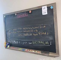 Chalkboard mounted on wall with colorful chalk markings, assorted chalk pieces and eraser on ledge, decorative magnets holding papers.
