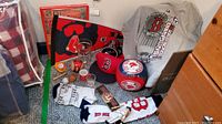 Photo showing the full lot with youth T-shirt, pennant, caps, baseballs, drinkware, socks, and collectibles.