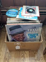 Box of assorted vintage 33 and 45 RPM records including Frank Sinatra LP visible on top