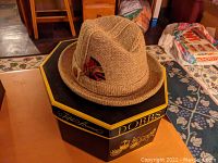 Vintage Dobbs tweed Homburg hat placed on original hexagonal Dobbs box showing exterior fabric, feather decoration, and crown shape.
