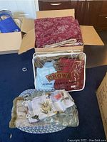 Wide view showing the items in a cardboard box and surrounding items on dark carpeted floor, including maroon patterned blanket and packaged acrylic blanket.