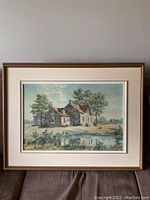 Full view of framed Kierstead textured print showing rural stone house, trees, and pond.