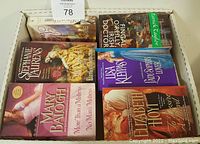 Photo showing the top view of the box of romance novels including visible titles by Stephanie Laurens, Patrick Callier, Mary Balogh, Elizabeth Hoyt, and Lisa Kleypas