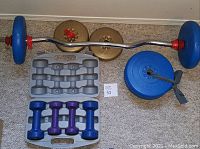Wide shot of dumbbell set, EZ curl bar, and weight plates arranged on carpet
