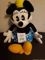 Photo showing full front view of the Minnie Mouse plush toy, with details on the face, skirt, and shoes.