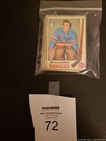 Photo of Ed Giacomin New York Rangers hockey card sealed in plastic bag.