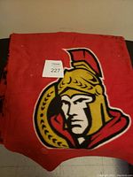 Red blanket featuring the Ottawa Senators logo folded and displayed on a flat surface.