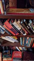Bookshelves filled with various books including novels, dictionaries and historical fiction. Titles include Webster's Dictionary.