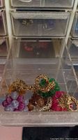 Clear plastic drawer with purple, pink, and green beaded necklaces and gold-tone chain pieces