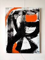 Front view of the abstract painting showing overall composition, color palette, and artist signature.