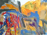 Close-up of front canvas showing layered brushstrokes in red, blue and gray.