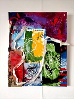 Full front view of stretched canvas displaying layered paint, collage, torn fabric strips and abstract motifs